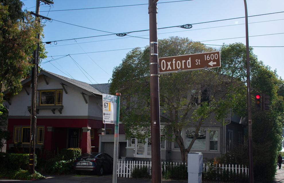 Corner of Oxford and Cedar streets in Berkeley outside Jordan Court.