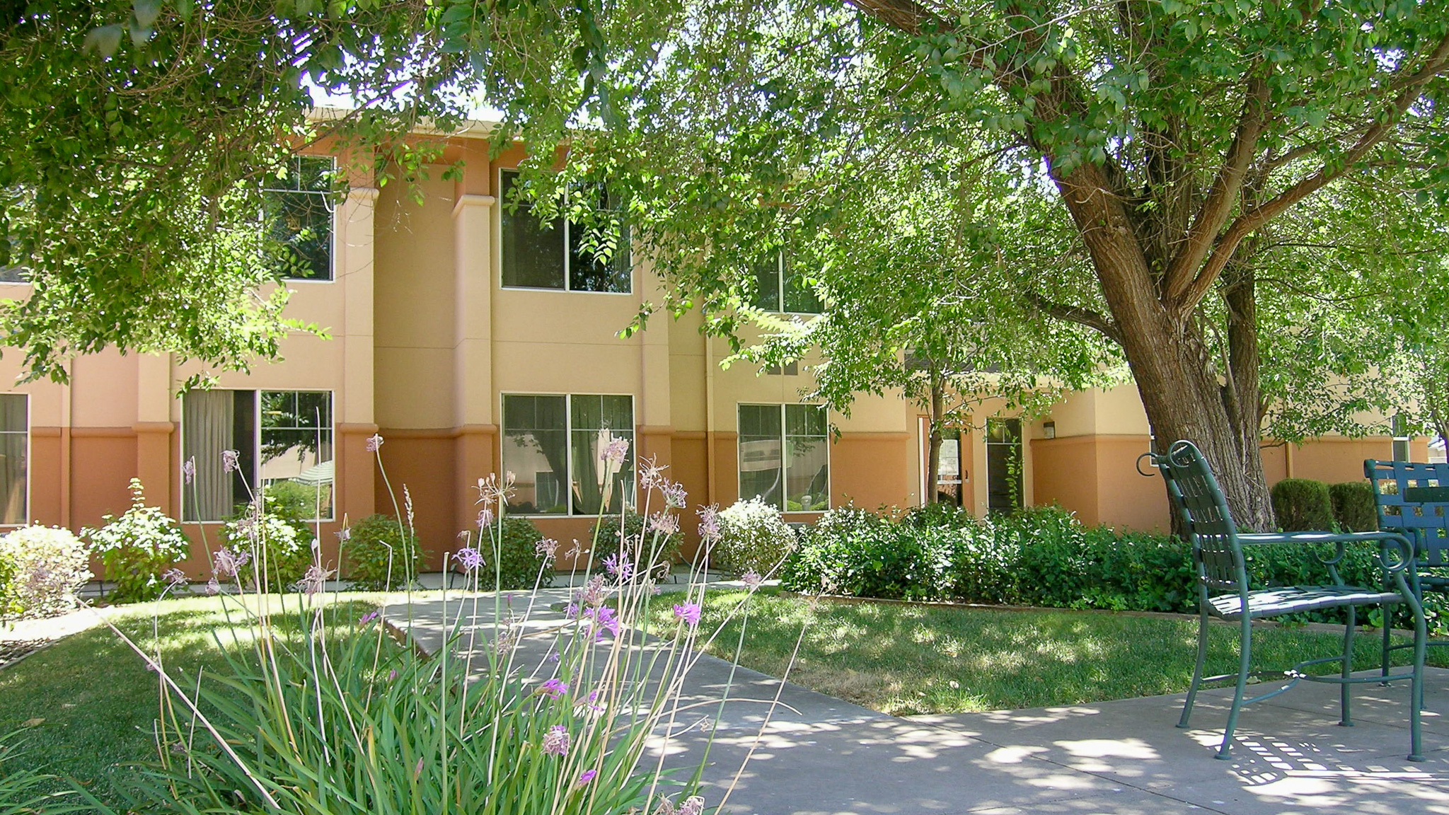 Shaded courtyard view of Columbia Park Manor in Pittsburg, CA