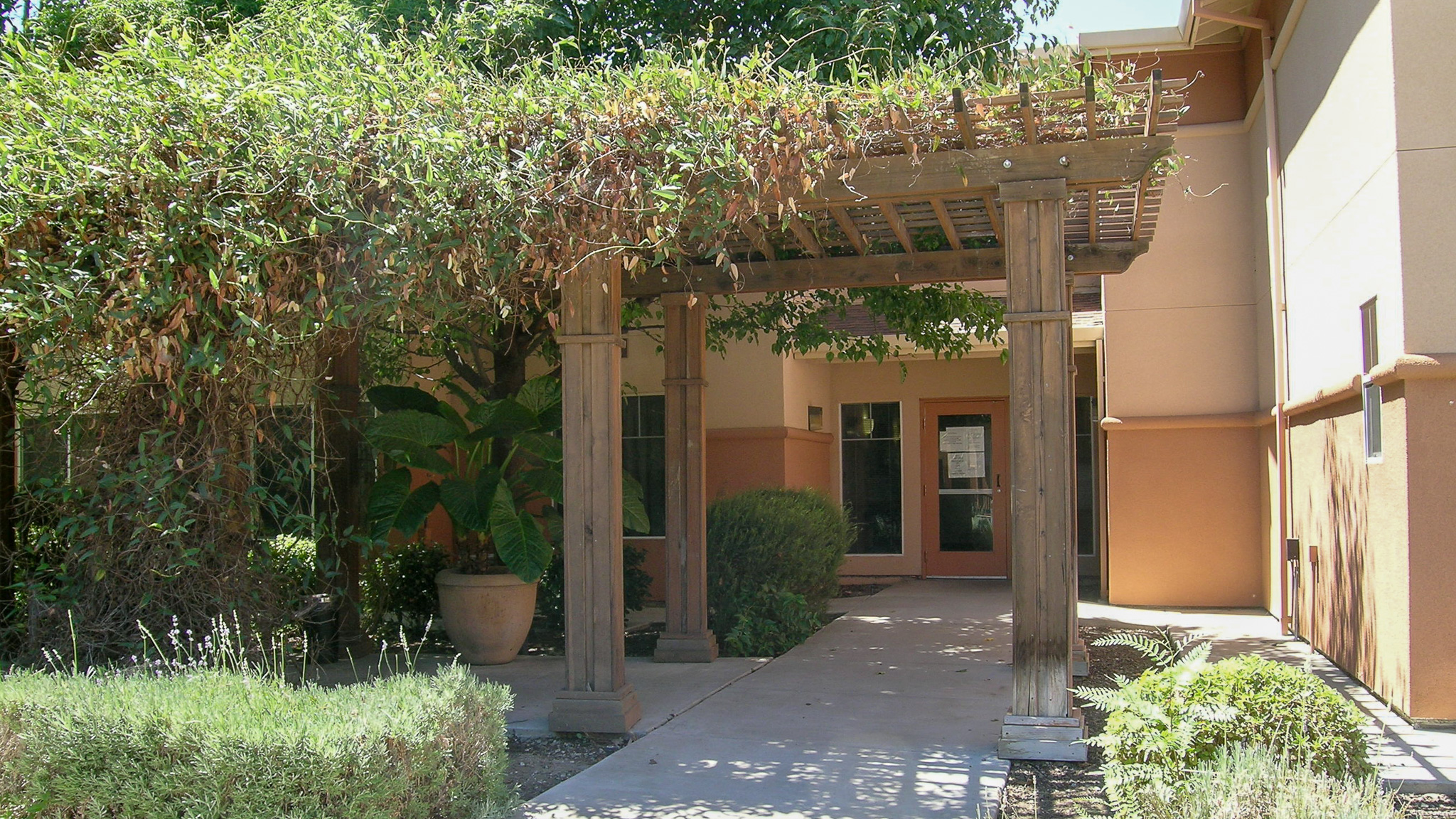 Trellised vines shade the entrance at Columbia Park Manor in Pittsburg, CA
