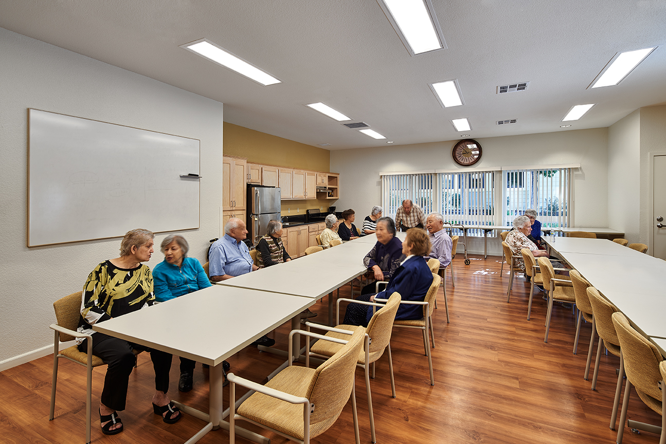 Residents in the community room of Casa Montego in Walnut Creek, CA.
