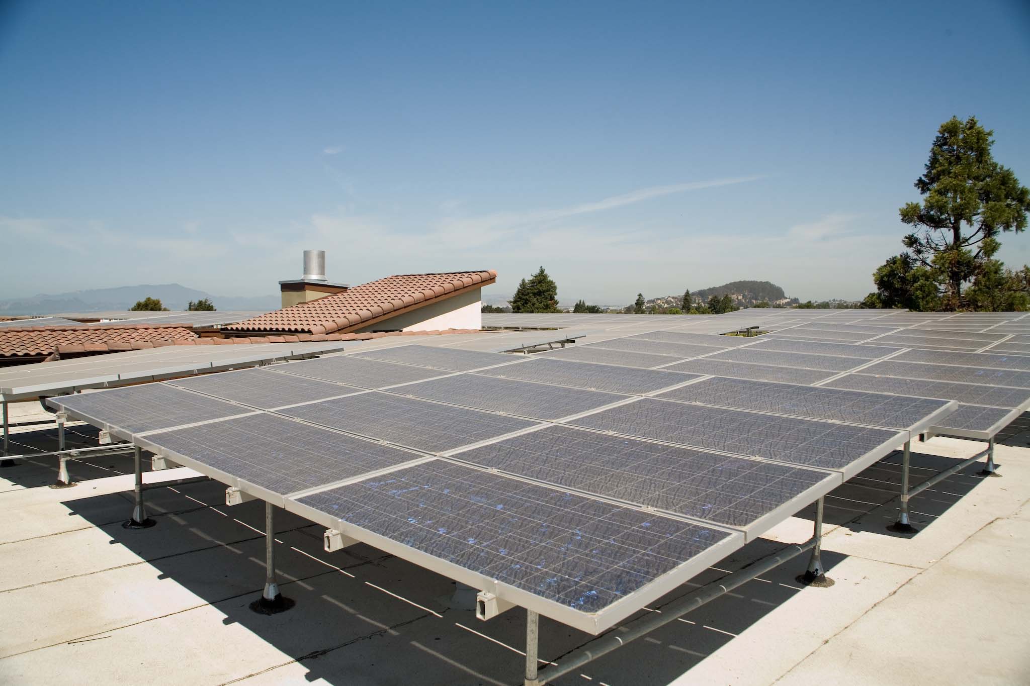 Rooftop solar panels on Helios Corner in Berkeley, CA