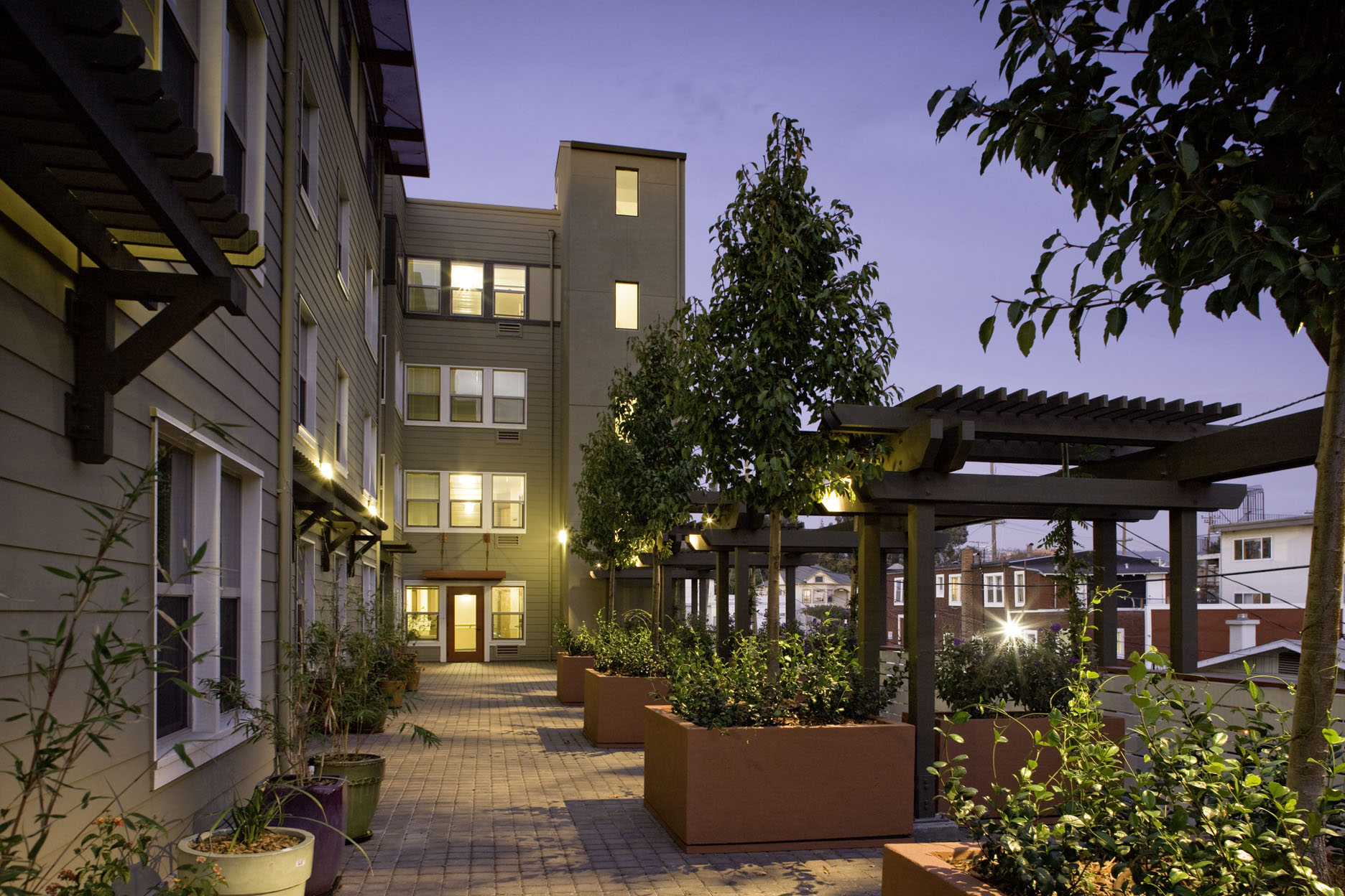 Outside walkway at the Orchards on Foothill in Oakland, CA.