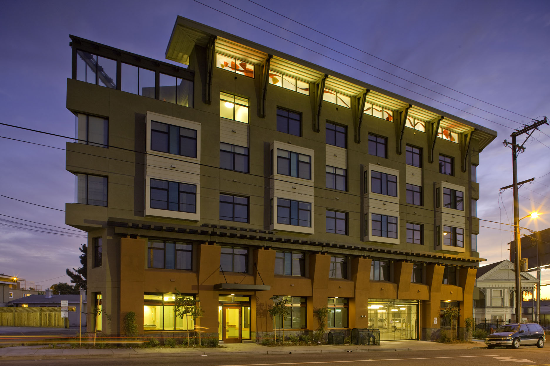 Orchards exterior side shot at dusk in Oakland, CA.