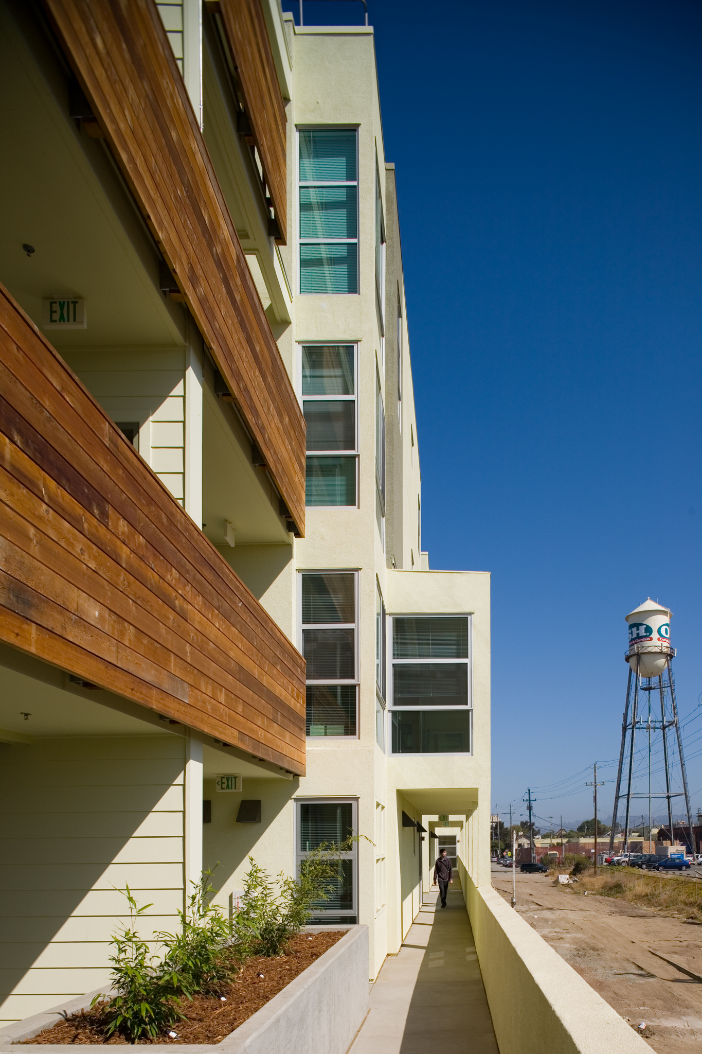 Exterior view of balconies and units of Ashby Lofts in Berkeley, CA.
