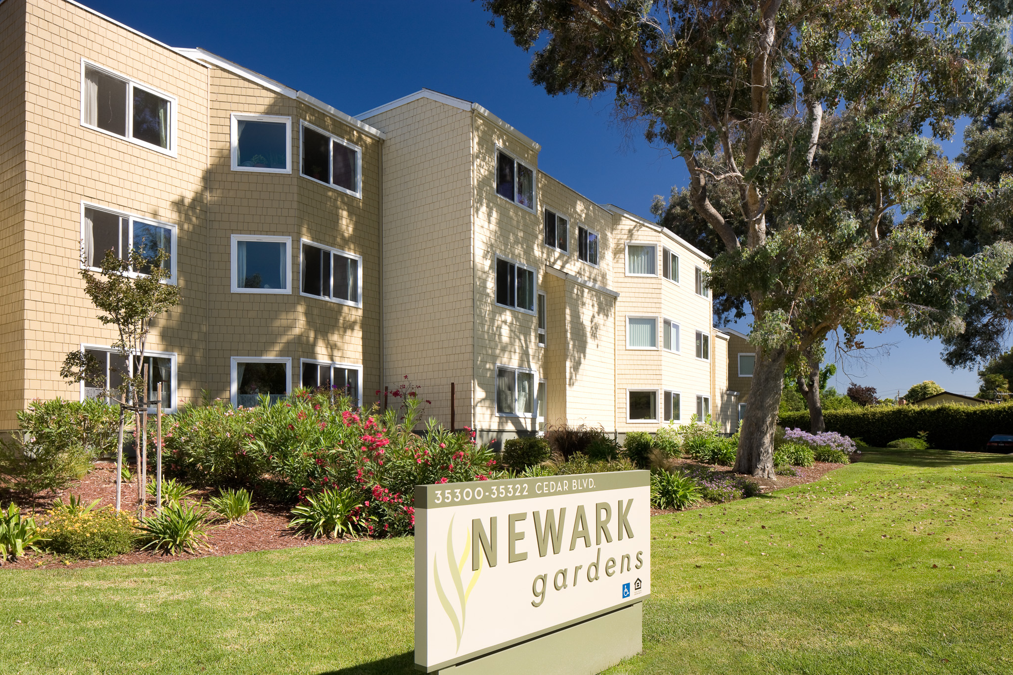 Signage for Newark Gardens in Newark, CA.