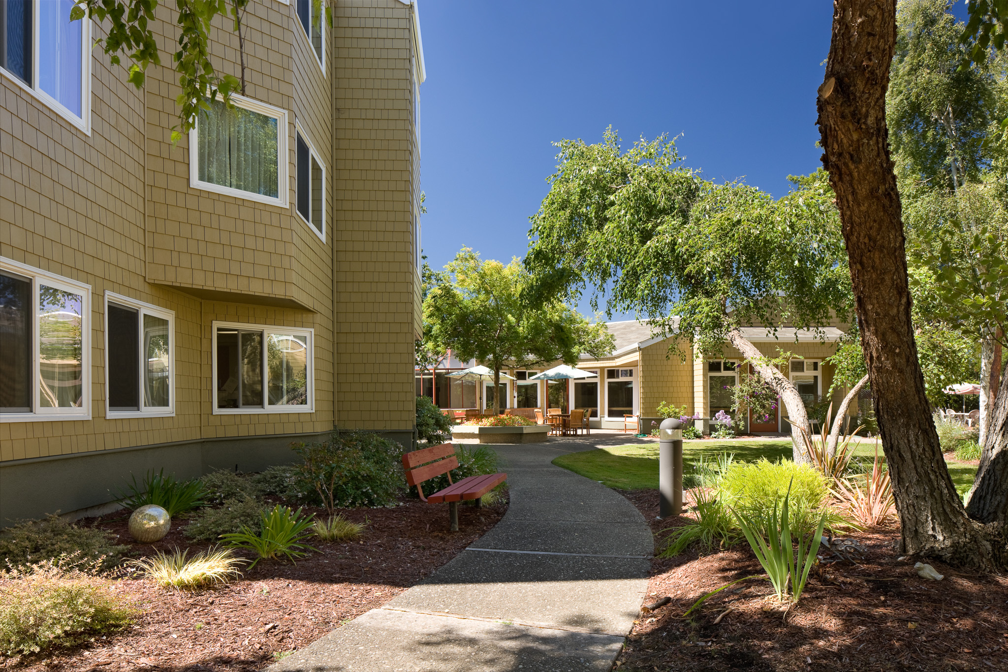 Walkway through the courtyard at Newark Gardens in Newark, CA.