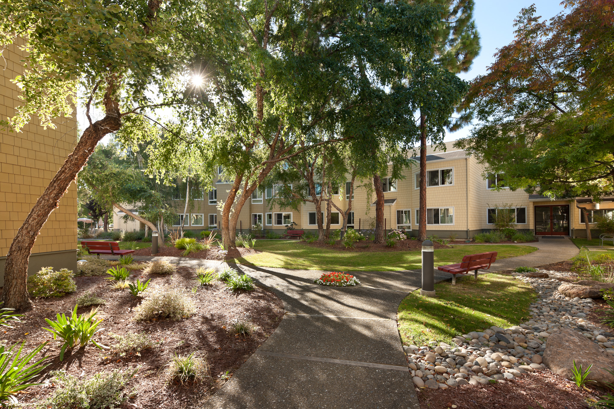 Shaded landscaped courtyard at Newark Gardens in Newark, CA.
