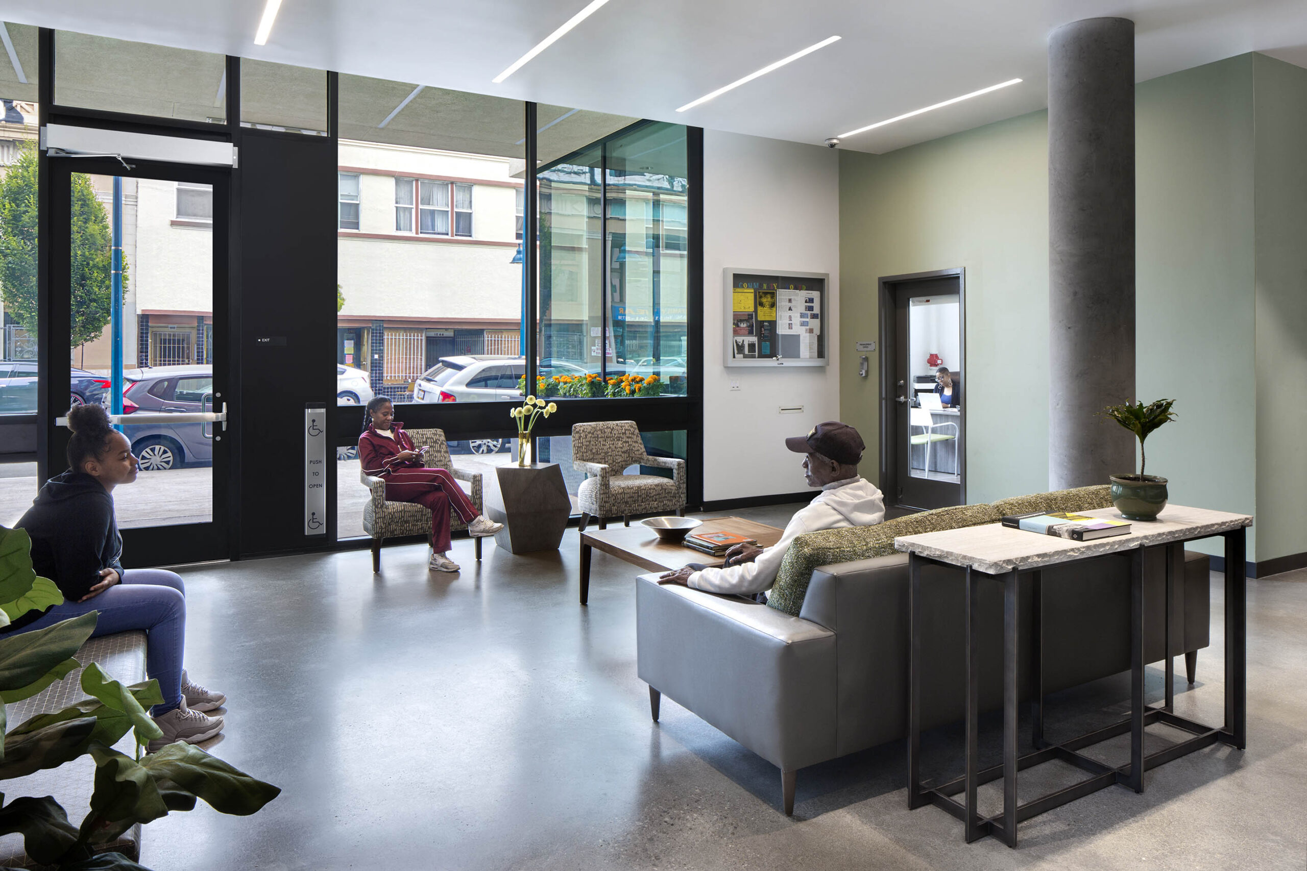 The community room and lobby at Camino 23 in Oakland