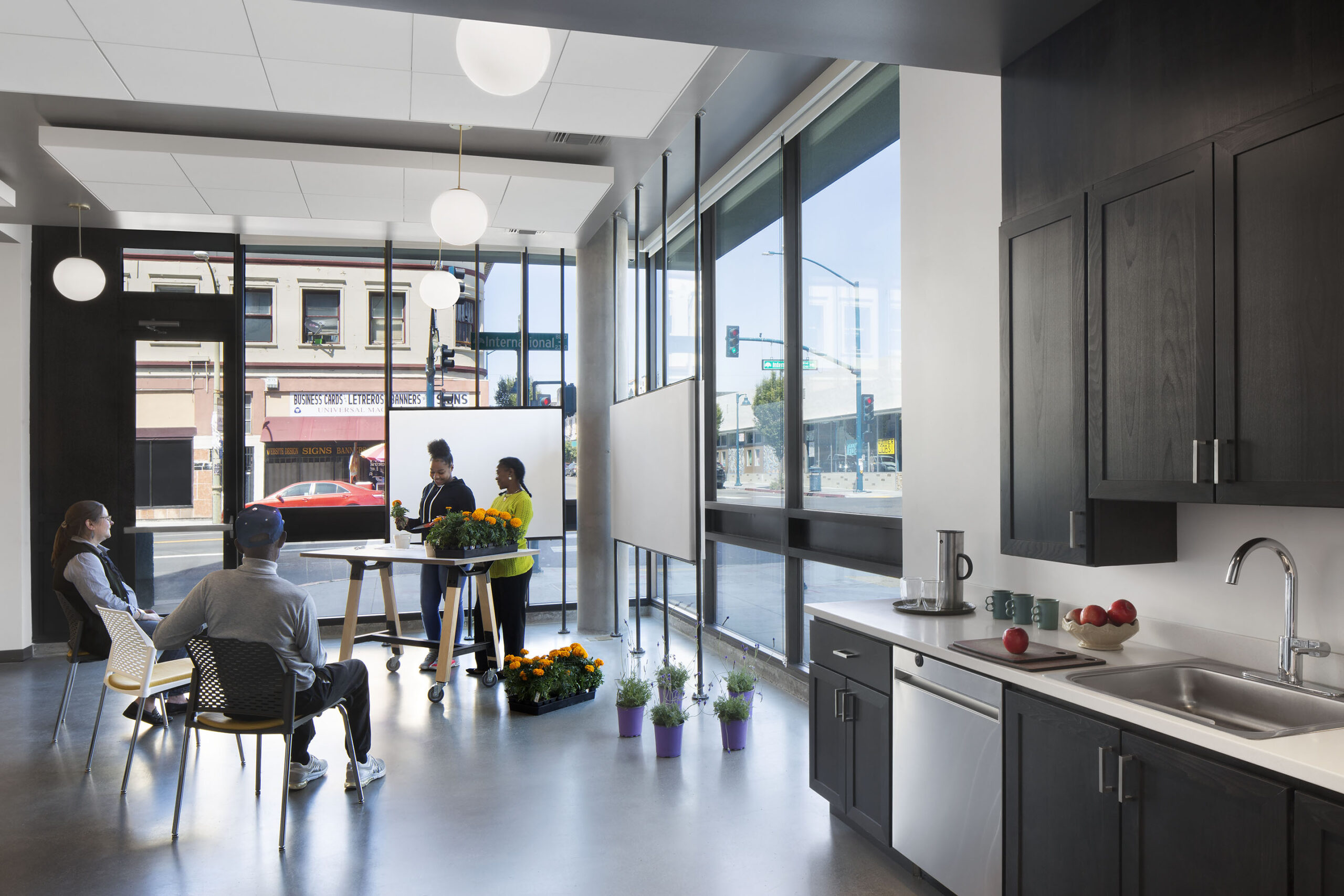 The community room at Camino 23 in Oakland