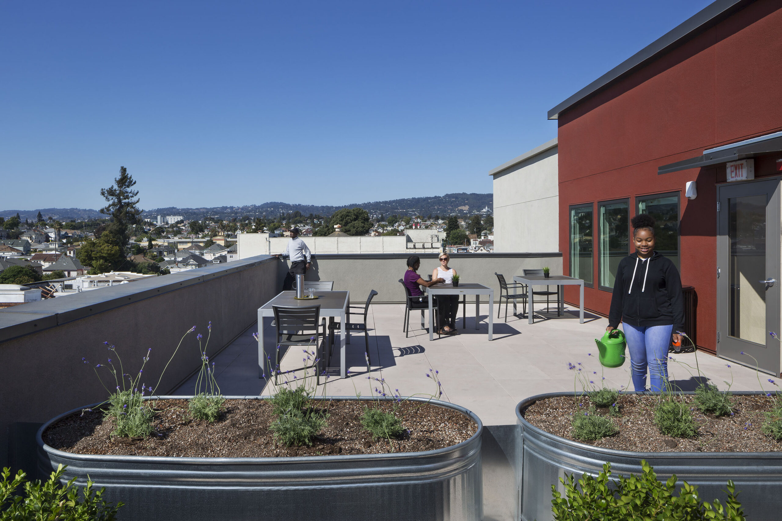 The rooftop outdoor space and garden at Camino 23 in Oakland