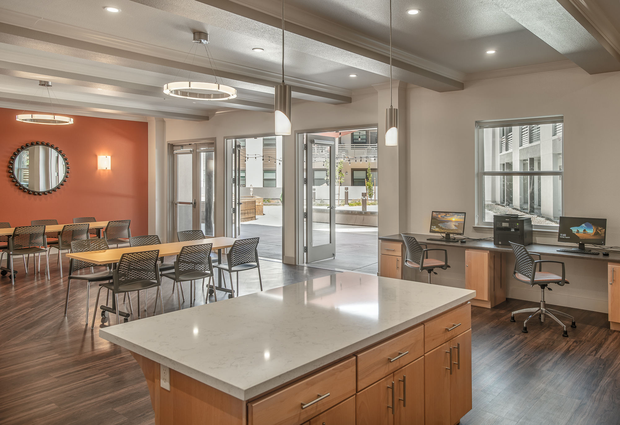 Community room and computer workstations at Manzanita Family Apartments in Napa