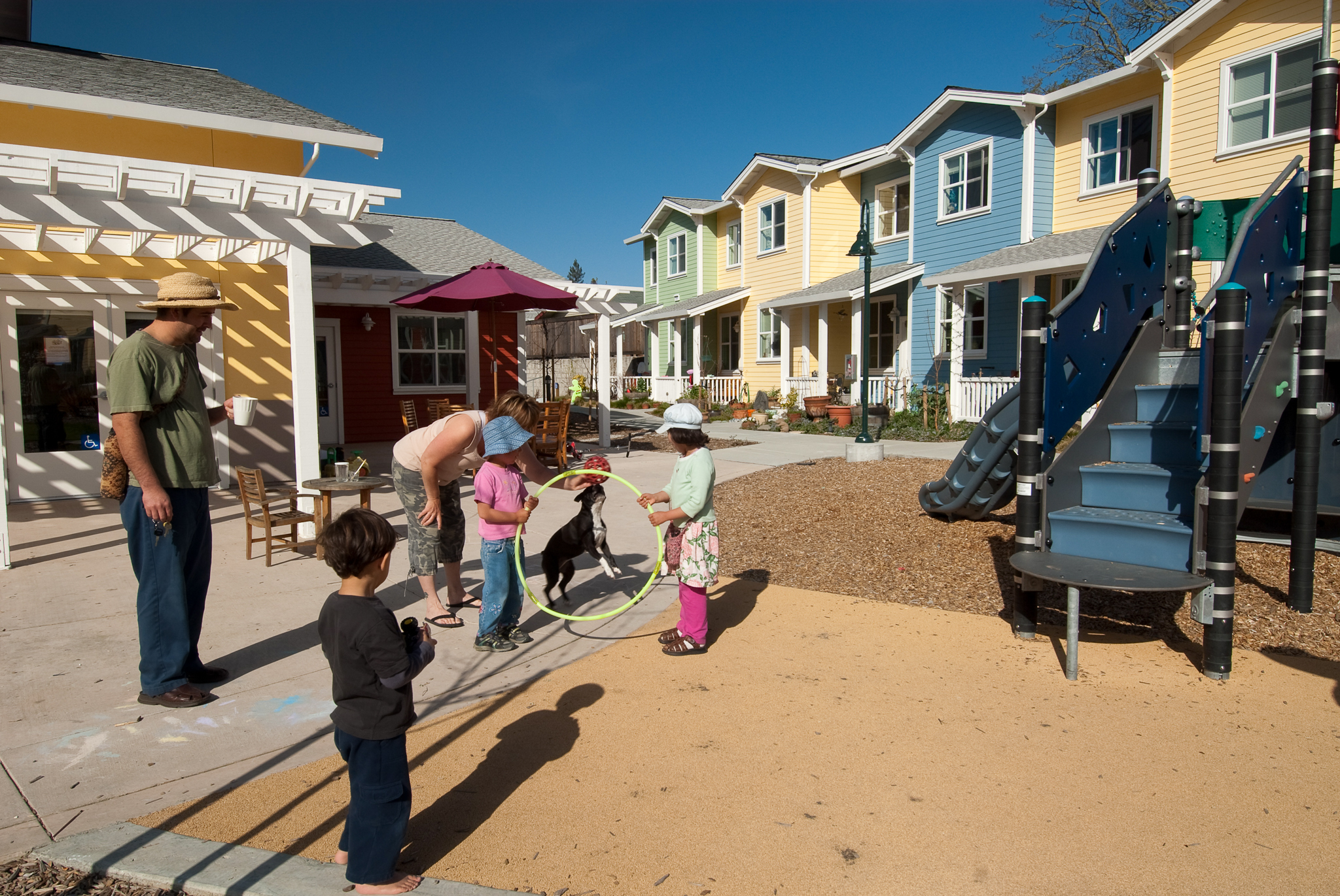 Families gather at the Petaluma Avenue Homes in Petaluma, CA.