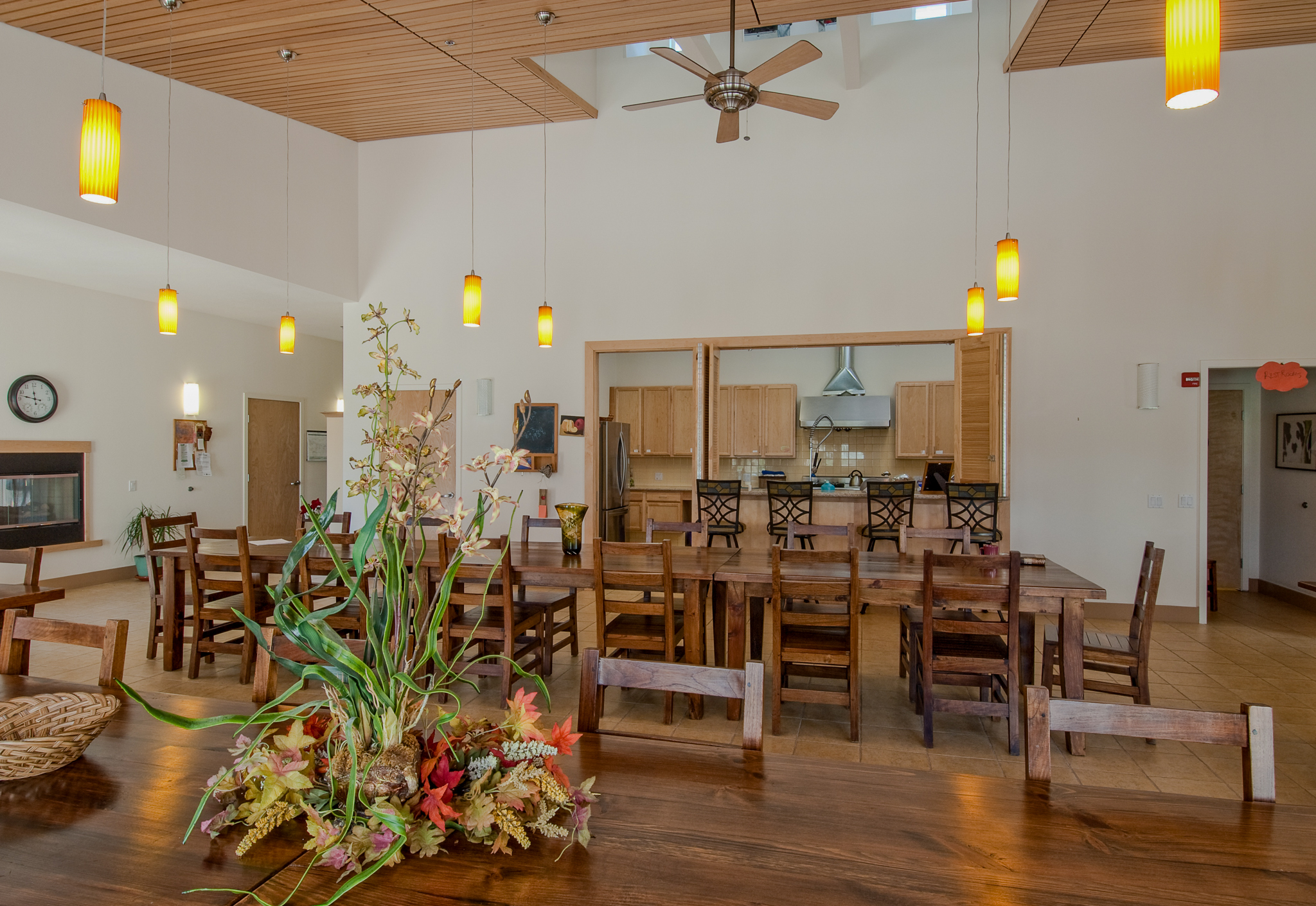 Community room and adjacent kitchen at Petaluma Avenue Homes in Petaluma, CA.