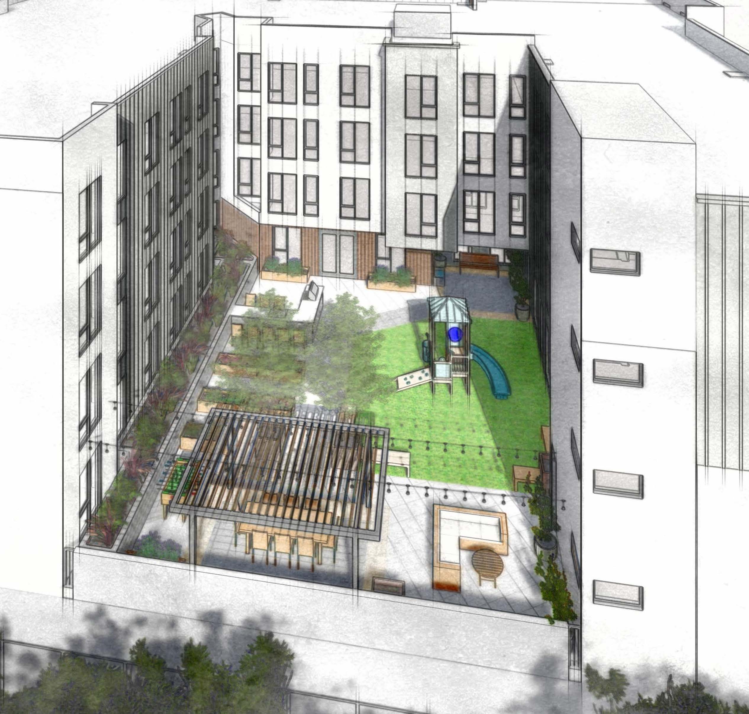 Rendering of the second floor courtyard of Thornton Ave project in Newark