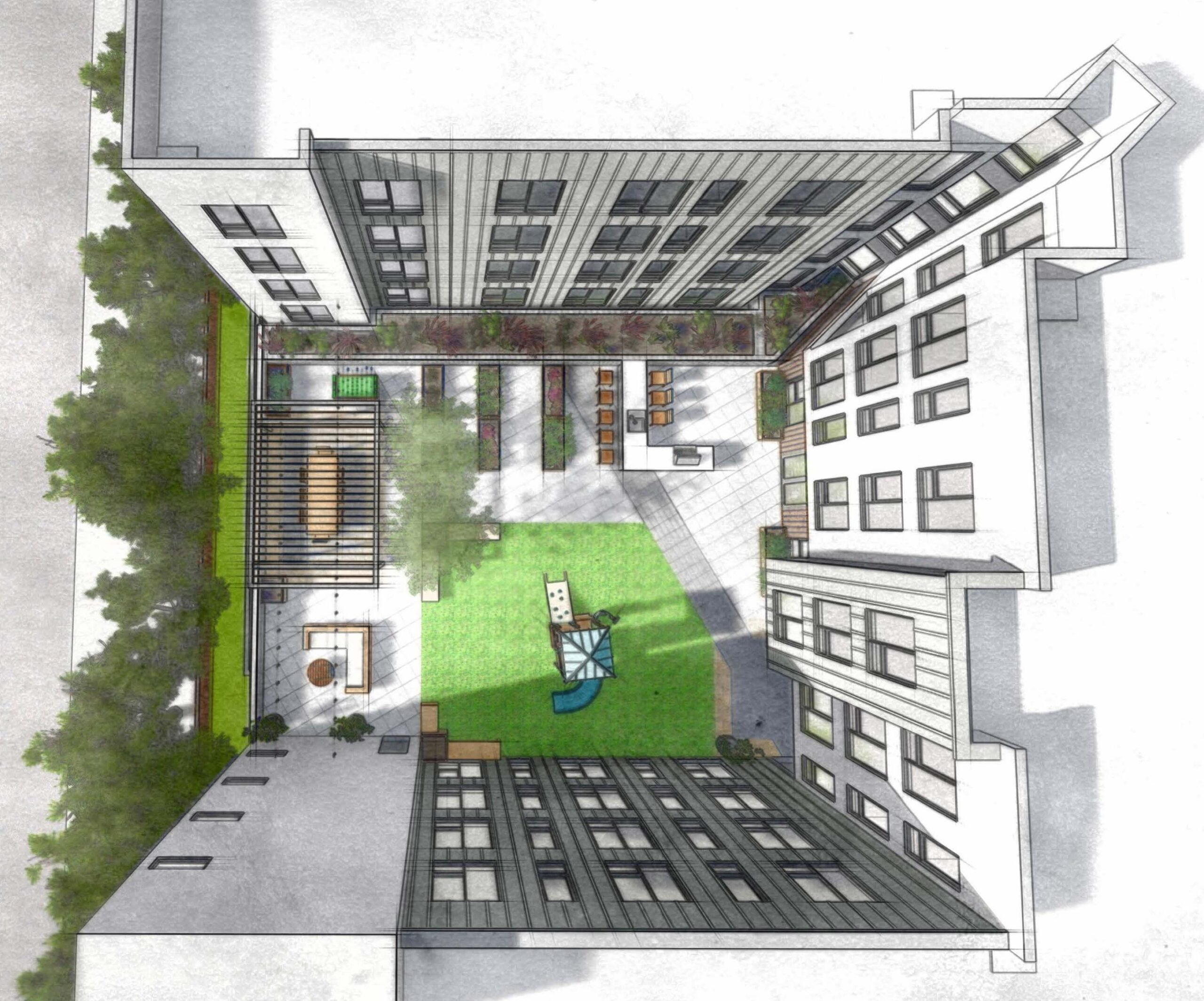Rendering of an aerial view of the courtyard of Thornton Ave project in Newark