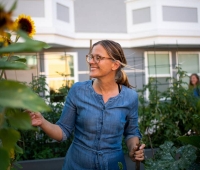 Susan Friedland, SAHA CEO in the garden outside Berkeley's Jordan Court